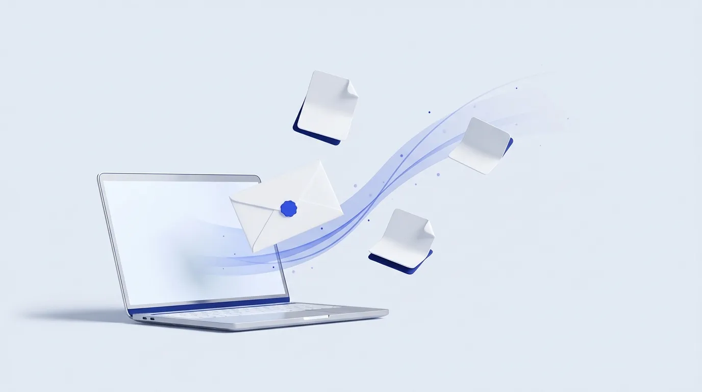 Illustration: Ein Briefumschlag fliegt aus einem Laptop – Symbol für digitalen Briefversand