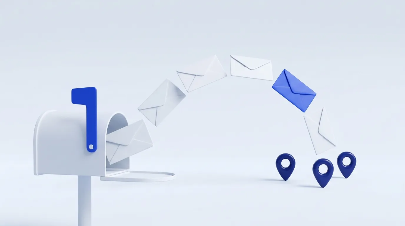 Illustration: Briefe fliegen von einem Briefkasten zu Standort-Pins – Symbol für Direktmailing und Kundengewinnung