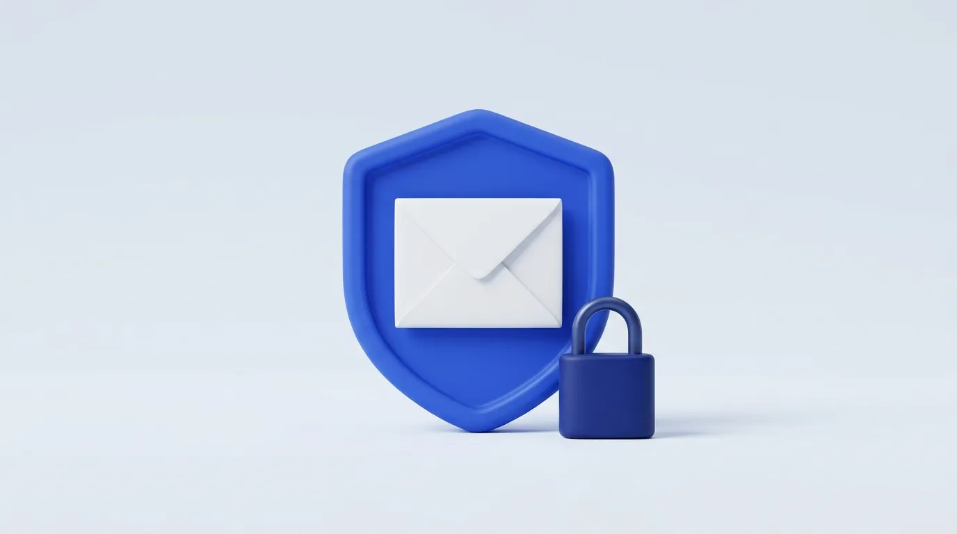 Illustration: Briefumschlag hinter einem blauen Schutzschild mit Vorhängeschloss – Symbol für Datenschutz beim Briefversand