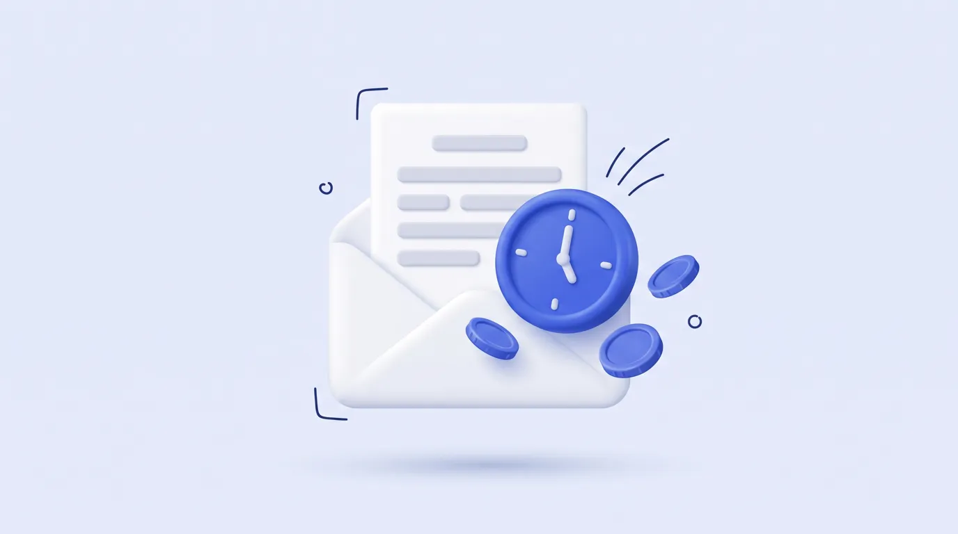 Illustration: Ein Brief mit Dokument, davor eine blaue Uhr und Münzen – Symbol für eine überfällige Zahlung